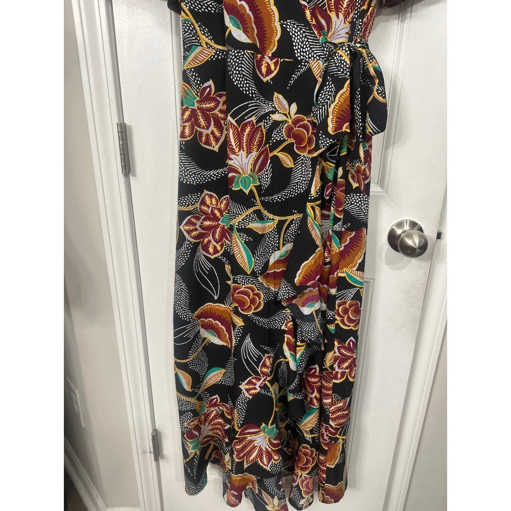 Band of the Free Floral Wrap Maxi Dress Black Short Flutter Sleeve Ruffle Hem S - Picture 4 of 8